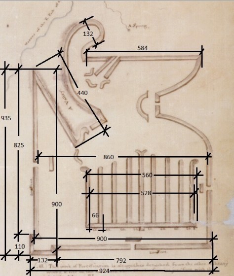 Hanukkiah Earthworks (East Fork) with Dimensions Added. Hanukkiah Earthworks with Dimensions Added.