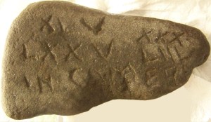 Inscribed stone found in rural New York. Obverse side of stone with a Latin inscription found in rural New York.